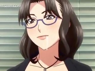 Hentai stunner in glasses giving blowjob in knees